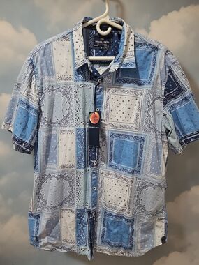 Mens Nickel & Iron Blue Patchwork Bandana Short-Sleeve Shirt